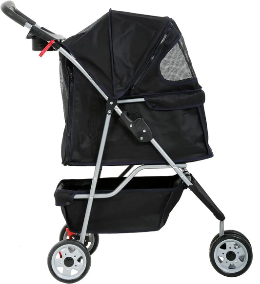 3-Wheel Pet Stroller, Lightweight Foldable Dog Stroller for Small Medium Dogs & Cats, Breathable Mesh & Weather Cover with Storage Basket, for Daily Walk Outdoor Travel (Black)