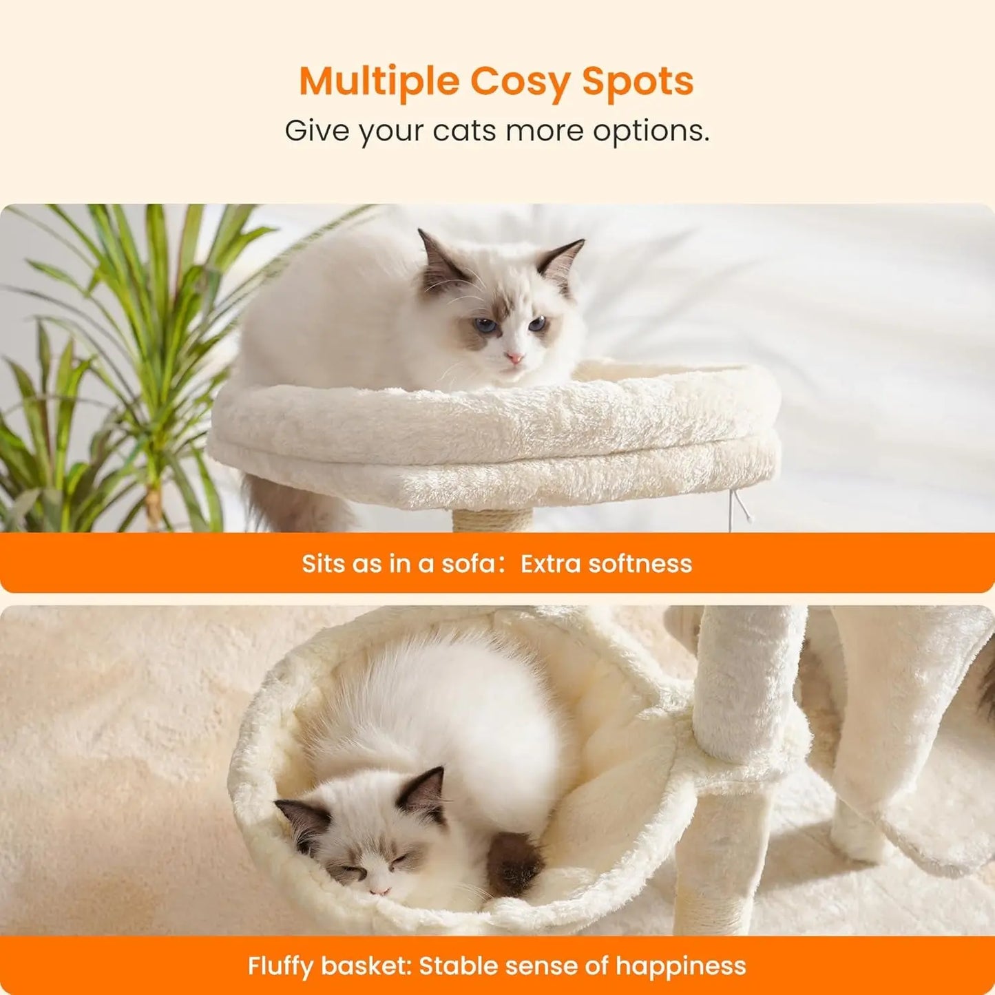 Cat Tree with Cat Self Groomer Brush, Cat Tower Condo for Indoor Cats with Padded Plush Perch, Cat House with Basket Scratching Board Post, Beige HCT005SM