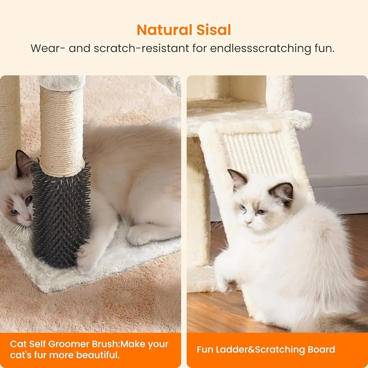 Cat Tree with Cat Self Groomer Brush, Cat Tower Condo for Indoor Cats with Padded Plush Perch, Cat House with Basket Scratching Board Post, Beige HCT005SM