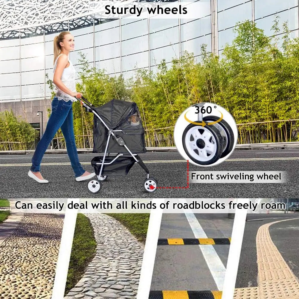 3-Wheel Pet Stroller, Lightweight Foldable Dog Stroller for Small Medium Dogs & Cats, Breathable Mesh & Weather Cover with Storage Basket, for Daily Walk Outdoor Travel (Black)