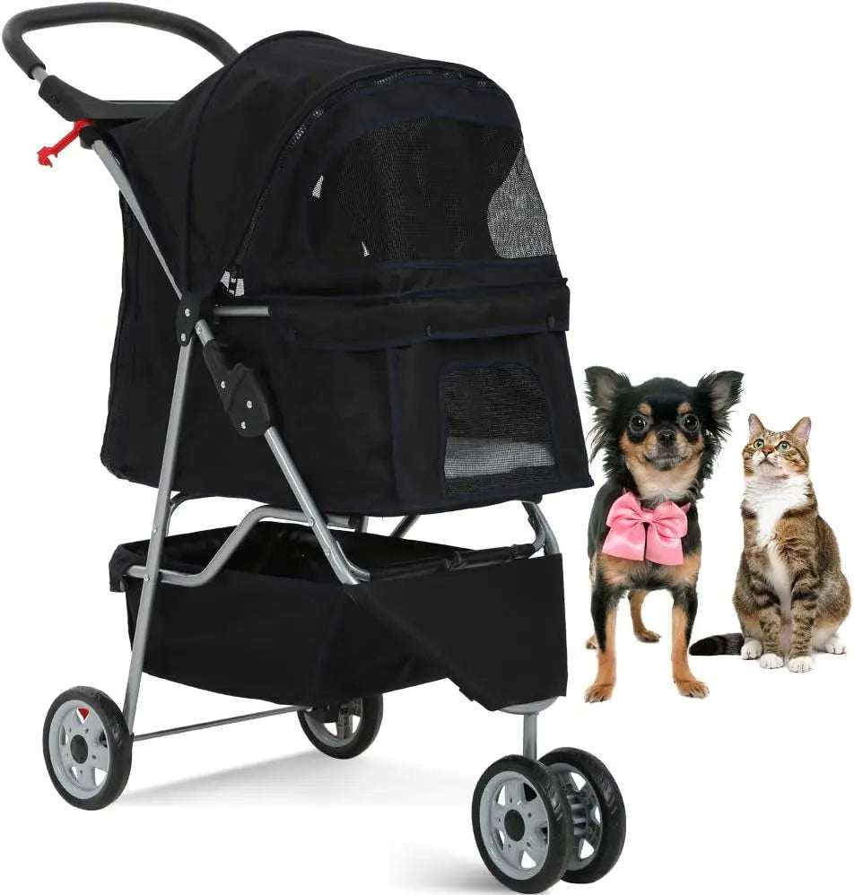 3-Wheel Pet Stroller, Lightweight Foldable Dog Stroller for Small Medium Dogs & Cats, Breathable Mesh & Weather Cover with Storage Basket, for Daily Walk Outdoor Travel (Black)