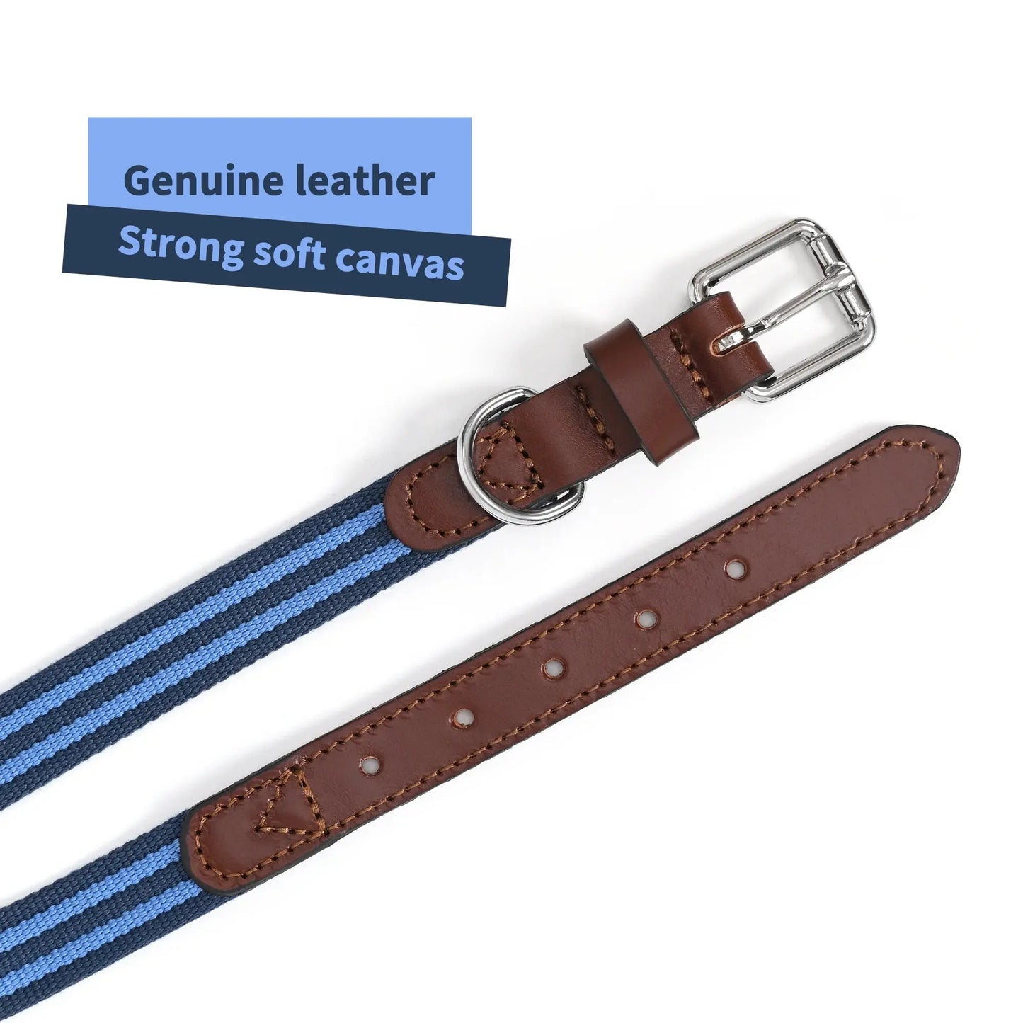 | Genuine Leather Dog Collar | Heavy Duty Canvas Dog Collars with Adjustable Rust-Proof Metal Pin Buckle | Boy Dog Collars for Small Dogs(Blue)