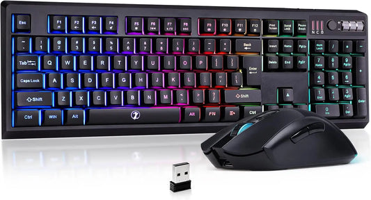 C104 Wireless Gaming Keyboard and Mouse Combo - RGB Backlit, Mechanical Feel, Anti-Ghosting, Rechargeable Battery, 7D 3200DPI Mice for Gamers