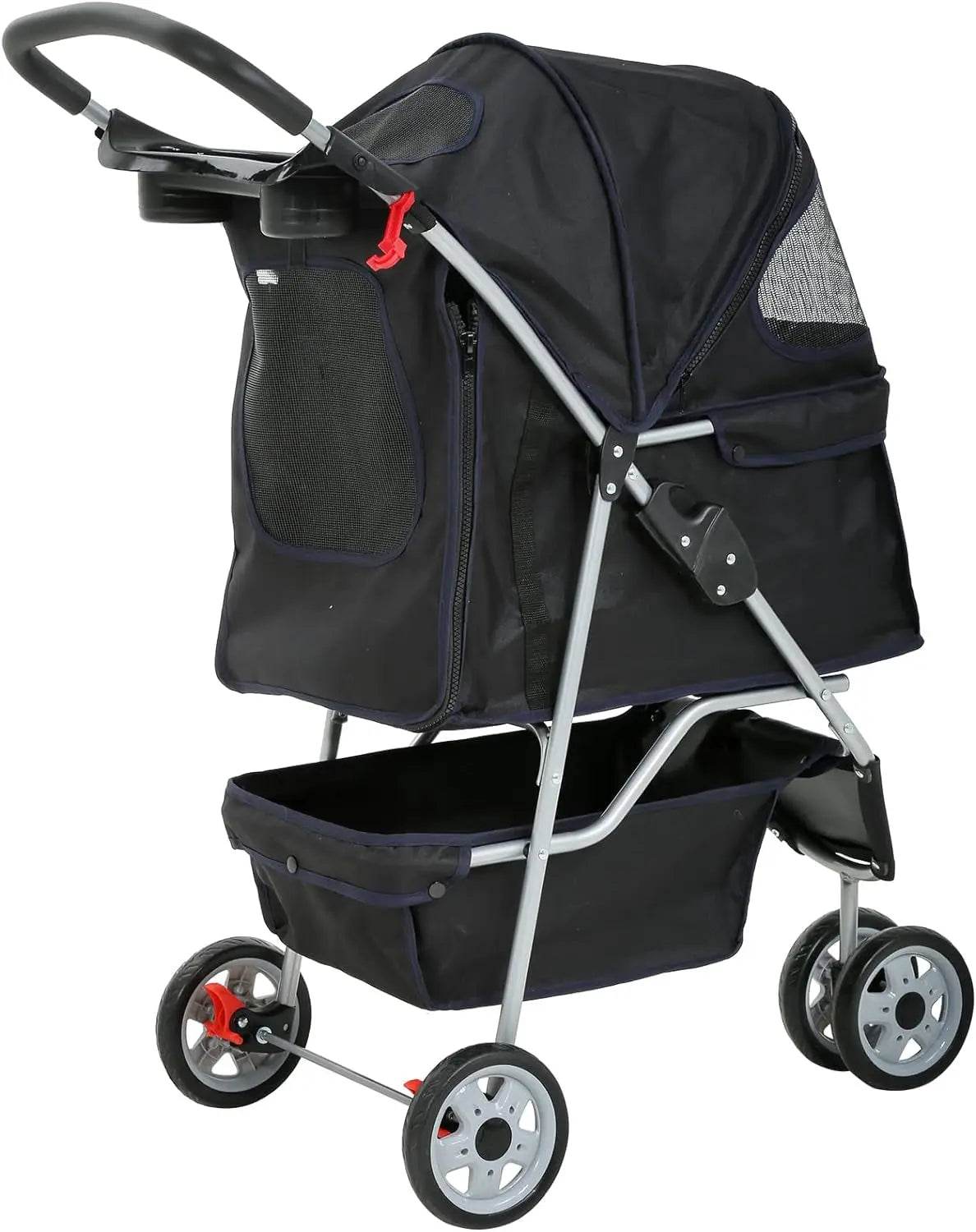 3-Wheel Pet Stroller, Lightweight Foldable Dog Stroller for Small Medium Dogs & Cats, Breathable Mesh & Weather Cover with Storage Basket, for Daily Walk Outdoor Travel (Black)