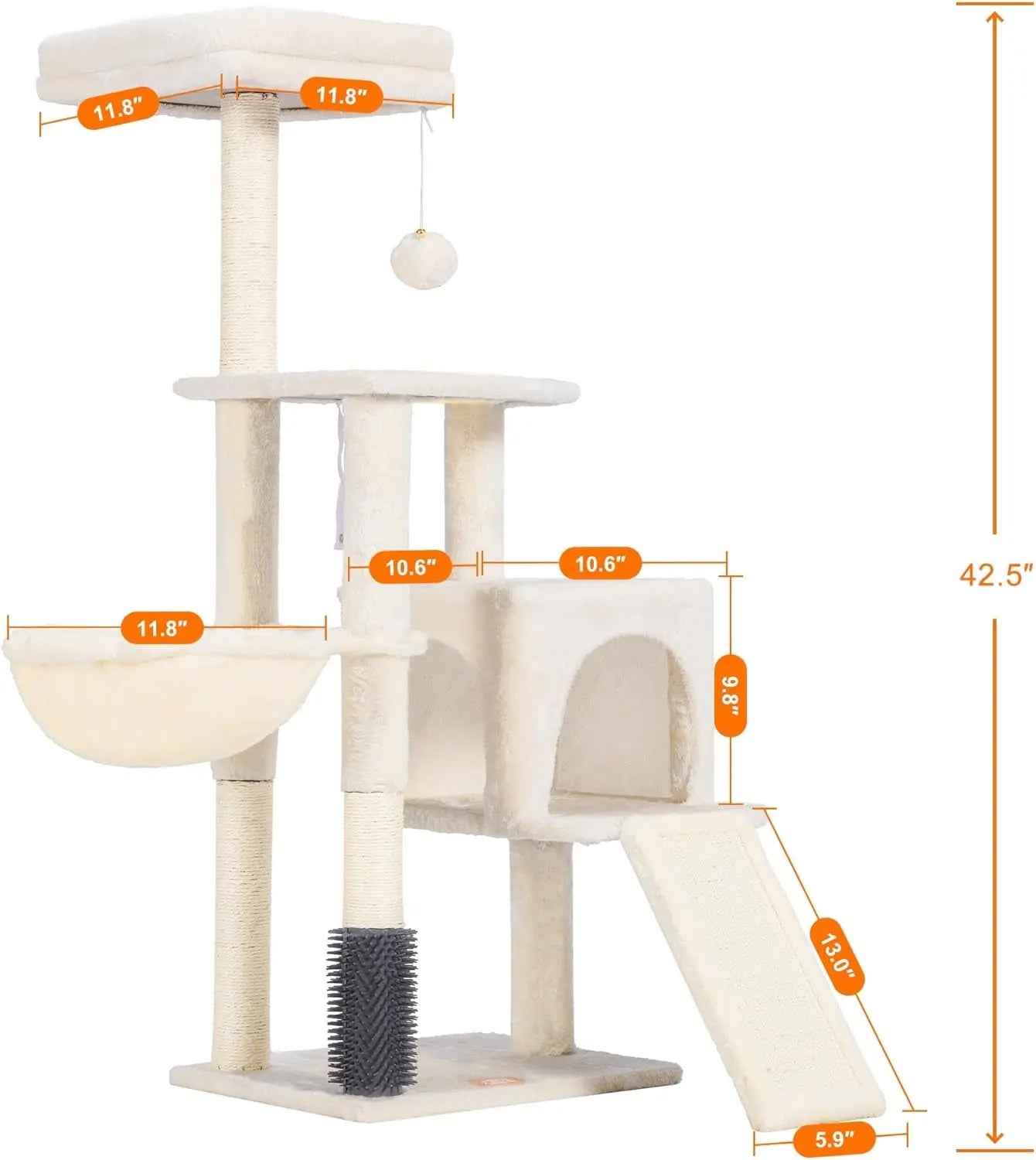 Cat Tree with Cat Self Groomer Brush, Cat Tower Condo for Indoor Cats with Padded Plush Perch, Cat House with Basket Scratching Board Post, Beige HCT005SM